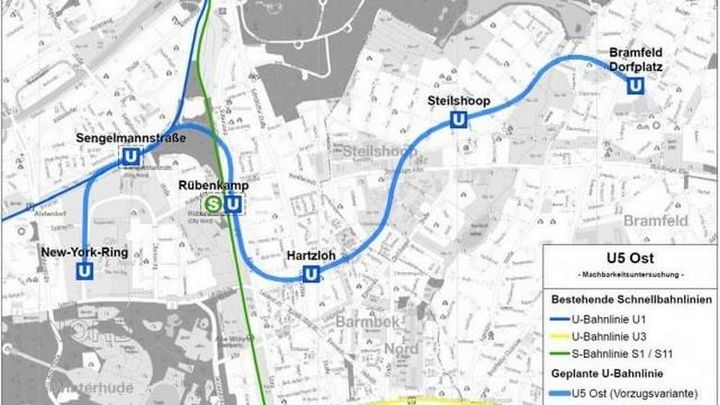 Preliminary railway path process of the U5 after completion of the feasibility studies / Picture source: Hamburger Hochbahn AG
