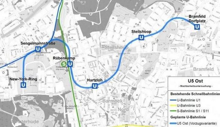 Vorläufiger Trassenverlauf der U5 nach Abschluss der Machbarkeitsuntersuchungen  / Bildquelle: Hamburger Hochbahn AG